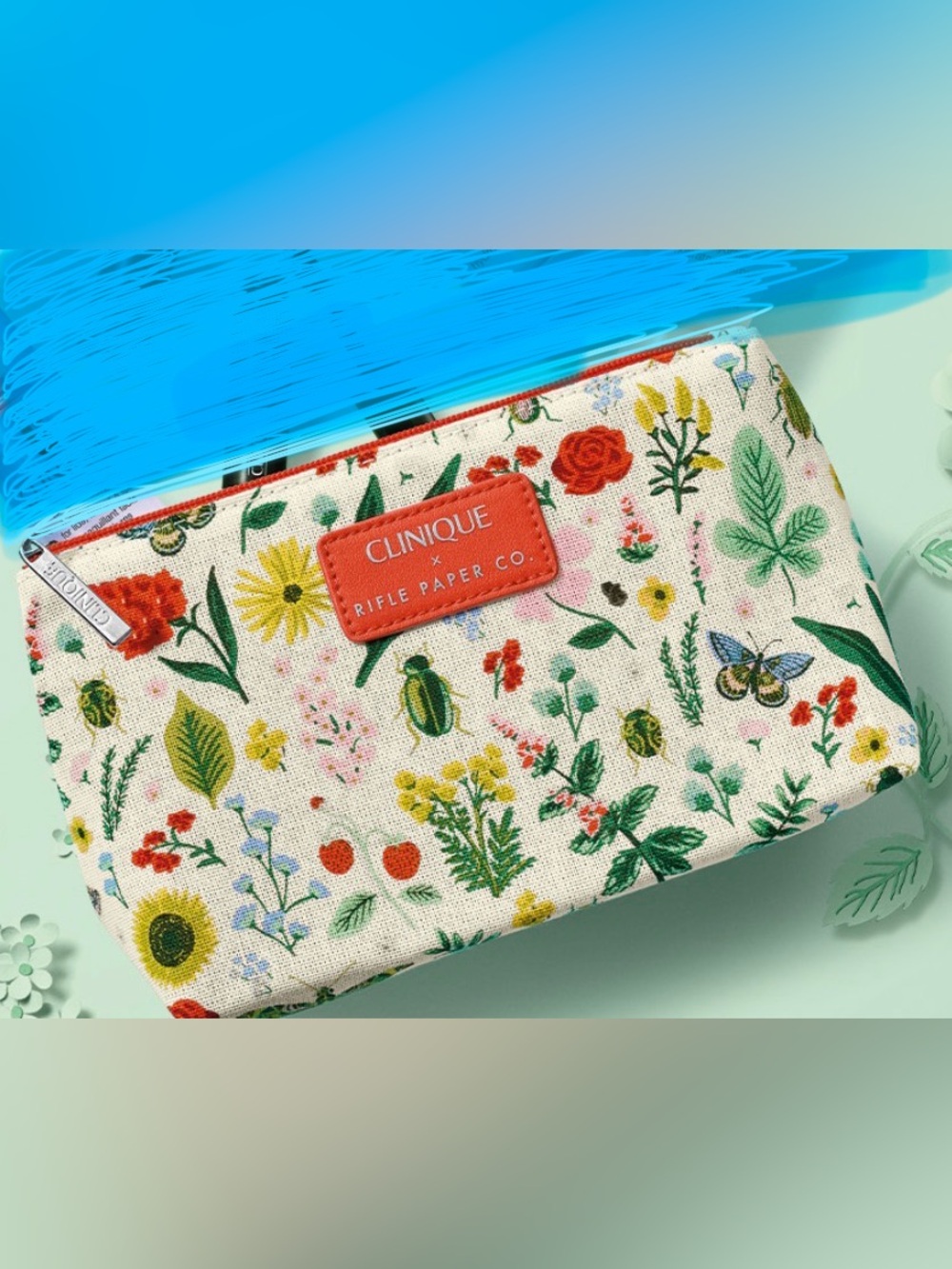 NWT Clinique x Rifle Paper Company Floral Makeup Bag with Zipper